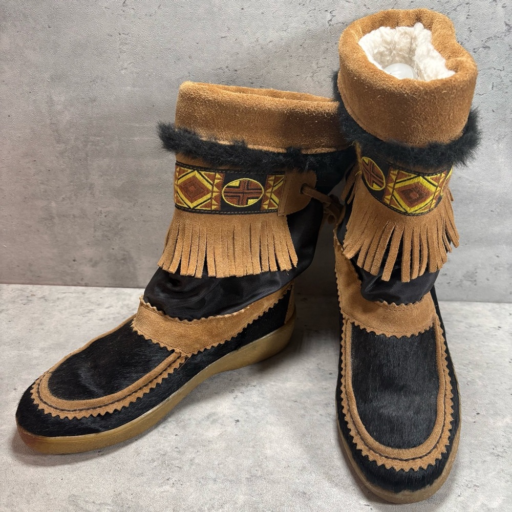 OSCAR SPORT TAIGA‎ Black Apres Aztec Ski Fur Boots EU 37 US 6.5-7 Made In Italy